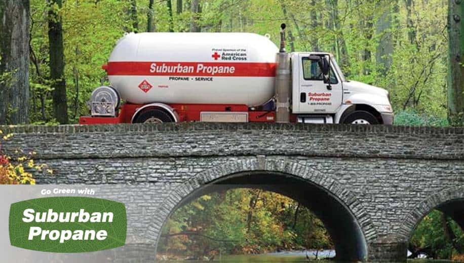 Suburban Propane bobtail truck on bridge