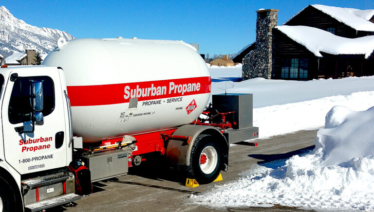 Suburban Propane bobtail truck in snow