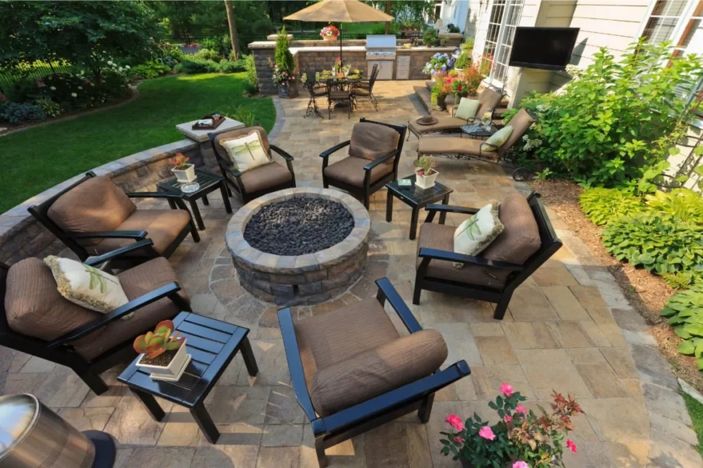 Patio furniture around brick fire pit
