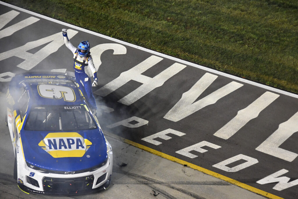 LEBANON, TENNESSEE - JUNE 26: Chase Elliott, driver of the #9 NAPA Auto Parts Chevrolet, celebrates after winning the NASCAR Cup Series Ally 400 at Nashville Superspeedway on June 26, 2022 in Lebanon, Tennessee. (Photo by Logan Riely/Getty Images)