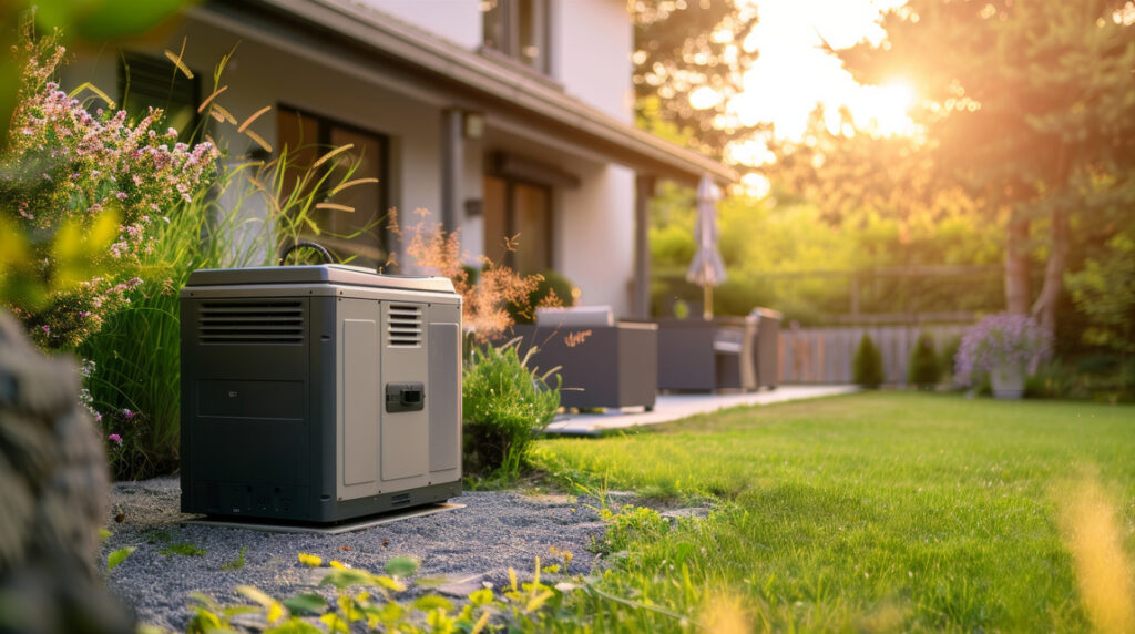 A propane generator installed outside an upscale suburban home
