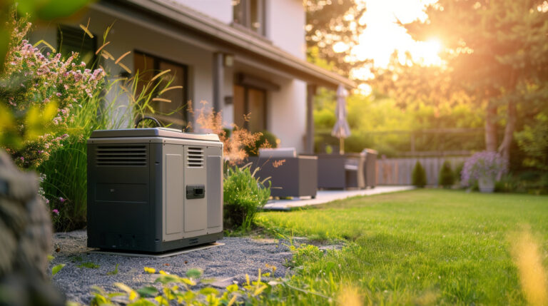 A propane generator installed outside an upscale suburban home