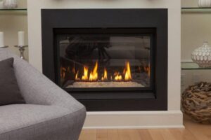 Propane-powered fireplace in a living room